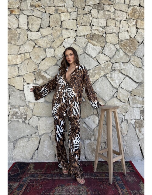 870 - Bağlamalı Desenli Saten Takım