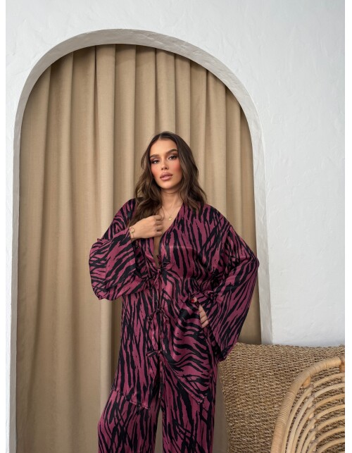 870 - Bağlamalı Desenli Saten Takım