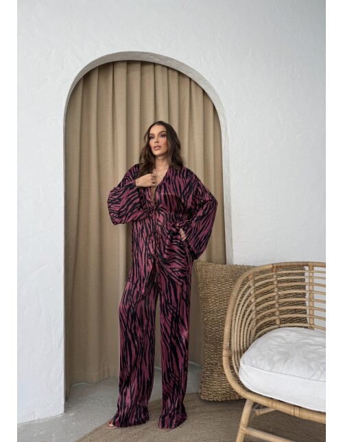 870 - Bağlamalı Desenli Saten Takım