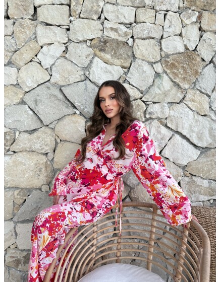 869 - Kruvaze Yandan Bağlamalı Desenli Saten Takım