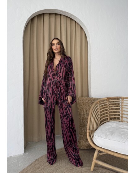 870 - Bağlamalı Desenli Saten Takım